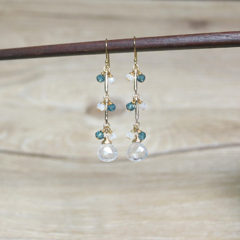 moonstone earrings Dangle /& Drop Earrings Rainbow moonstone and London Blue Topaz drop earrings clip on earrings gemstone earrings