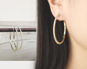 Gold 43mm Rhinestone open hoop invisible resin clip on earrings, non pierced earrings, crystal hoop clip on earrings, clip on earrings