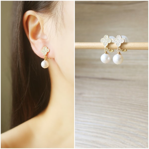 Clear CZ clover stud Natural Fresh water pearl Leverback clip on earrings, non pierced earrings, dangle & drop earrings, gift for her