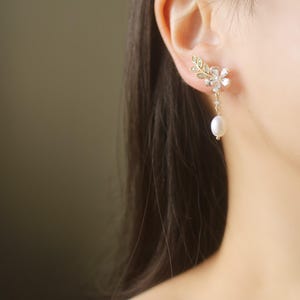 Gold tone CZ leaf Fresh water pearl invisible resin clip on earrings, non pierced earrings, dangle & drop earring, wedding earrings, gift