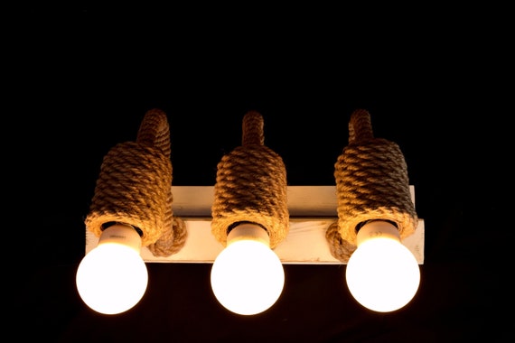 Vanity Light Wall Lighting Fixture Wood And Jute Rope Wiped Etsy