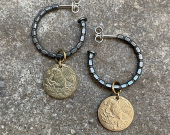 Black COIN HOOPs / Mini Earrings / Coins Earrings / Blackened Sterling Silver / Mexico