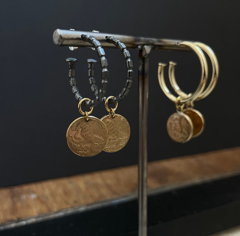 Black COIN HOOPs / Mini Hoop Earrings / Coin Earrings / Blackened Sterling Silver / Mexico image 4