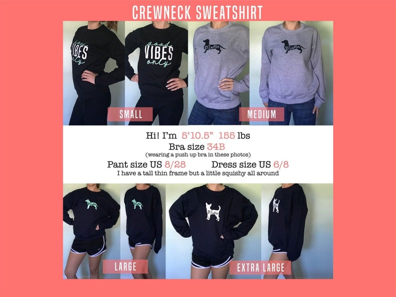 May include: A model is wearing a black crewneck sweatshirt with the text "good vibes only" in white. The sweatshirt is available in sizes small, medium, large, and extra large.
