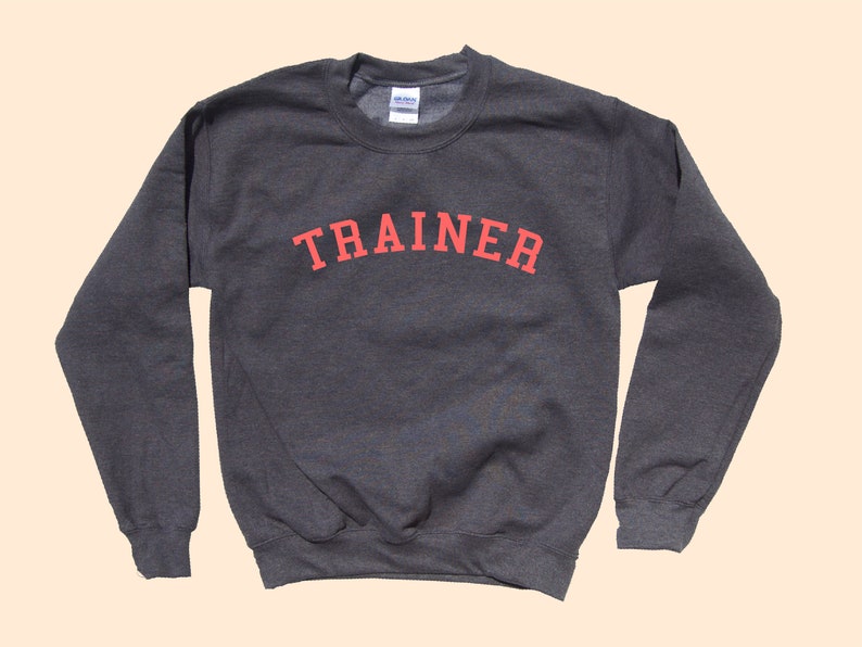 Pu&ograve; includere: Una felpa grigio scuro con la scritta "TRAINER" stampata in lettere rosse arcuate sul petto. La felpa ha maniche lunghe e girocollo. L'etichetta del marchio &egrave; visibile sul retro del collo.