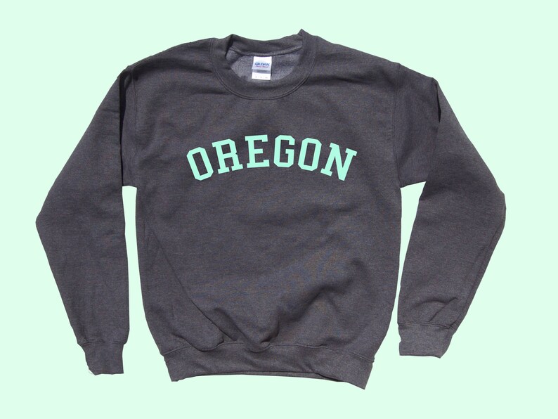 May include: A dark gray sweatshirt with the word "OREGON" printed in light green on the front.