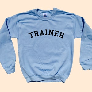 Pu&ograve; includere: Una felpa azzurra con la scritta "TRAINER" stampata in nero, ad arco sul petto. Il top a maniche lunghe e girocollo &egrave; realizzato in materiale morbido.