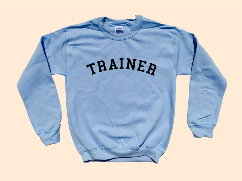 Pu&ograve; includere: Una felpa azzurra con la scritta "TRAINER" stampata in nero, ad arco sul petto. Il top a maniche lunghe e girocollo &egrave; realizzato in materiale morbido.