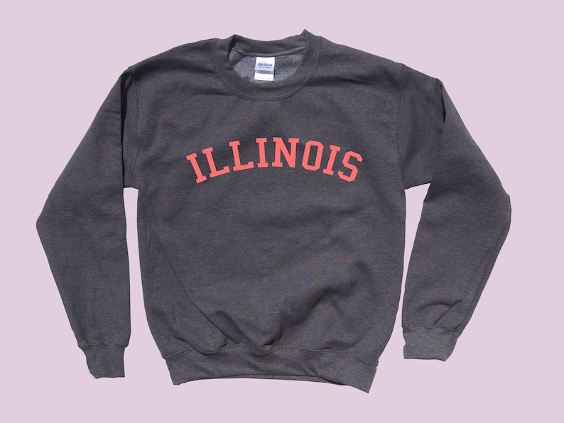 May include: A dark gray sweatshirt with the word "ILLINOIS" printed in a red-orange color across the chest.