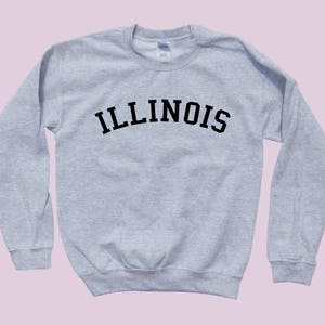 May include: A gray sweatshirt with the word "ILLINOIS" printed in black across the chest in an arched font.