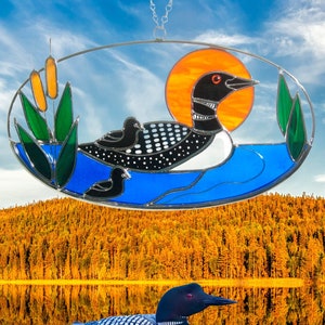Stained Glass Loon on Oval Ring Suncatcher. Genuine Stained Glass Suncatcher. Bird Lover Gif!