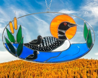 Stained Glass Loon on Oval Ring Suncatcher. Genuine Stained Glass Suncatcher. Bird Lover Gif!