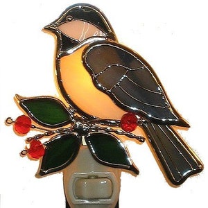 Stained Glass Chickadee and Red Berries Nightlight