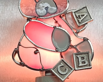 Pink Teddy Bear night light made with stained glass. Child's room night light.