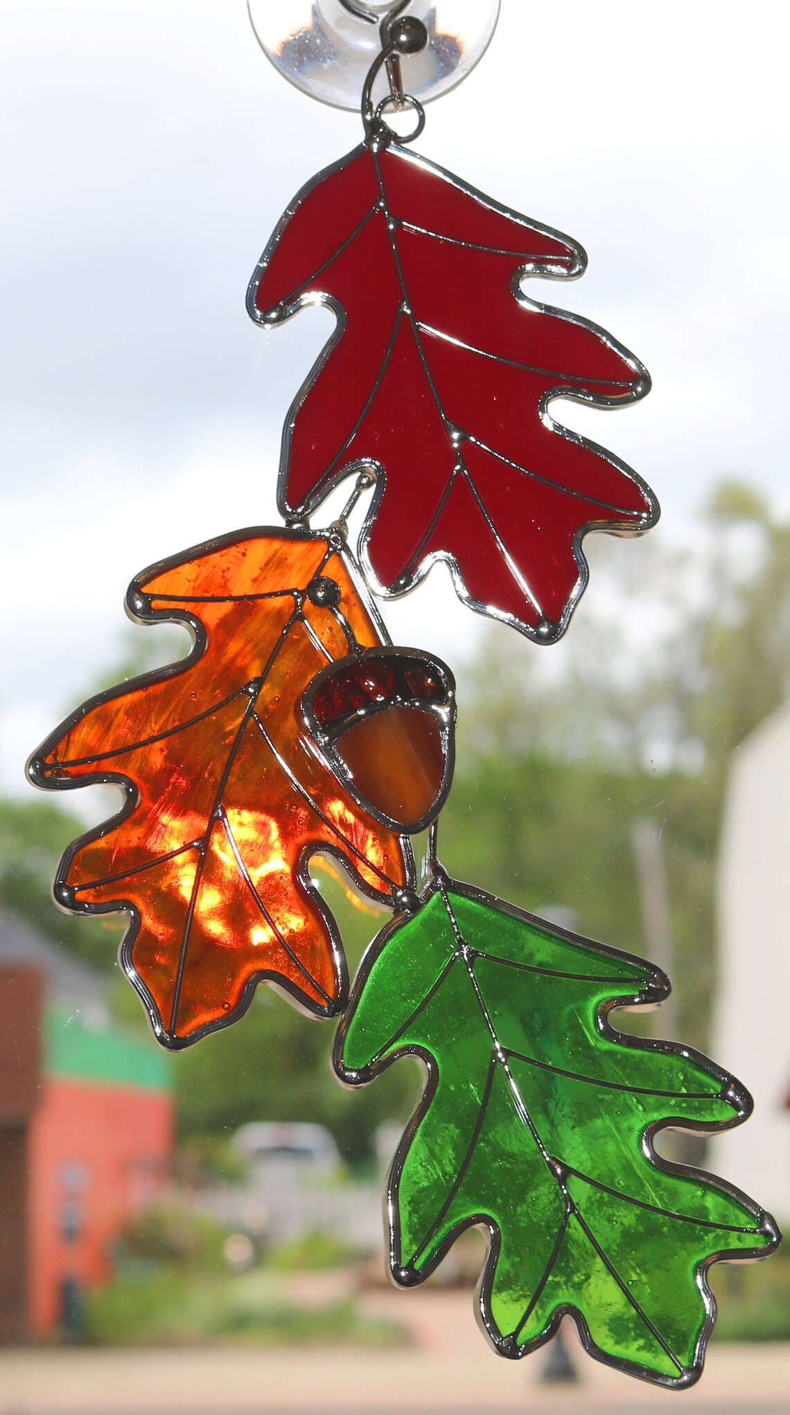 Stained Glass Maple or Oak Leaf with acorn in 3 colors. Red Etsy