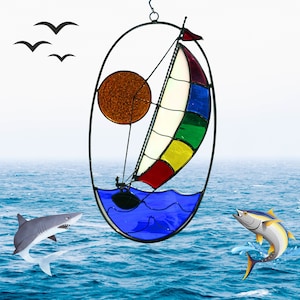Stained Glass Sailboat Suncatcher, sailing under the sun, window or wall decor.  Unique Gift for Nautical enthusiast.