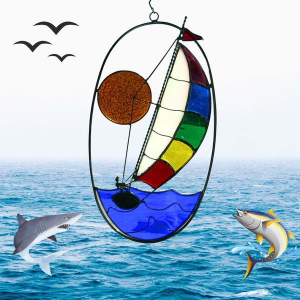 Stained Glass Sailboat Suncatcher, sailing under the sun, window or wall decor.  Unique Gift for Nautical enthusiast.