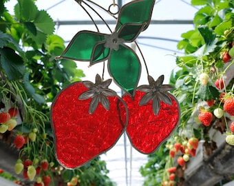 Stained glass Strawberries suncatcher with leaves and textured red glass.