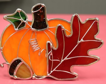 Stained Glass Pumpkin and Oak Leaves with Acorn Votive. Red, Amber, or Green Oak Leaf.