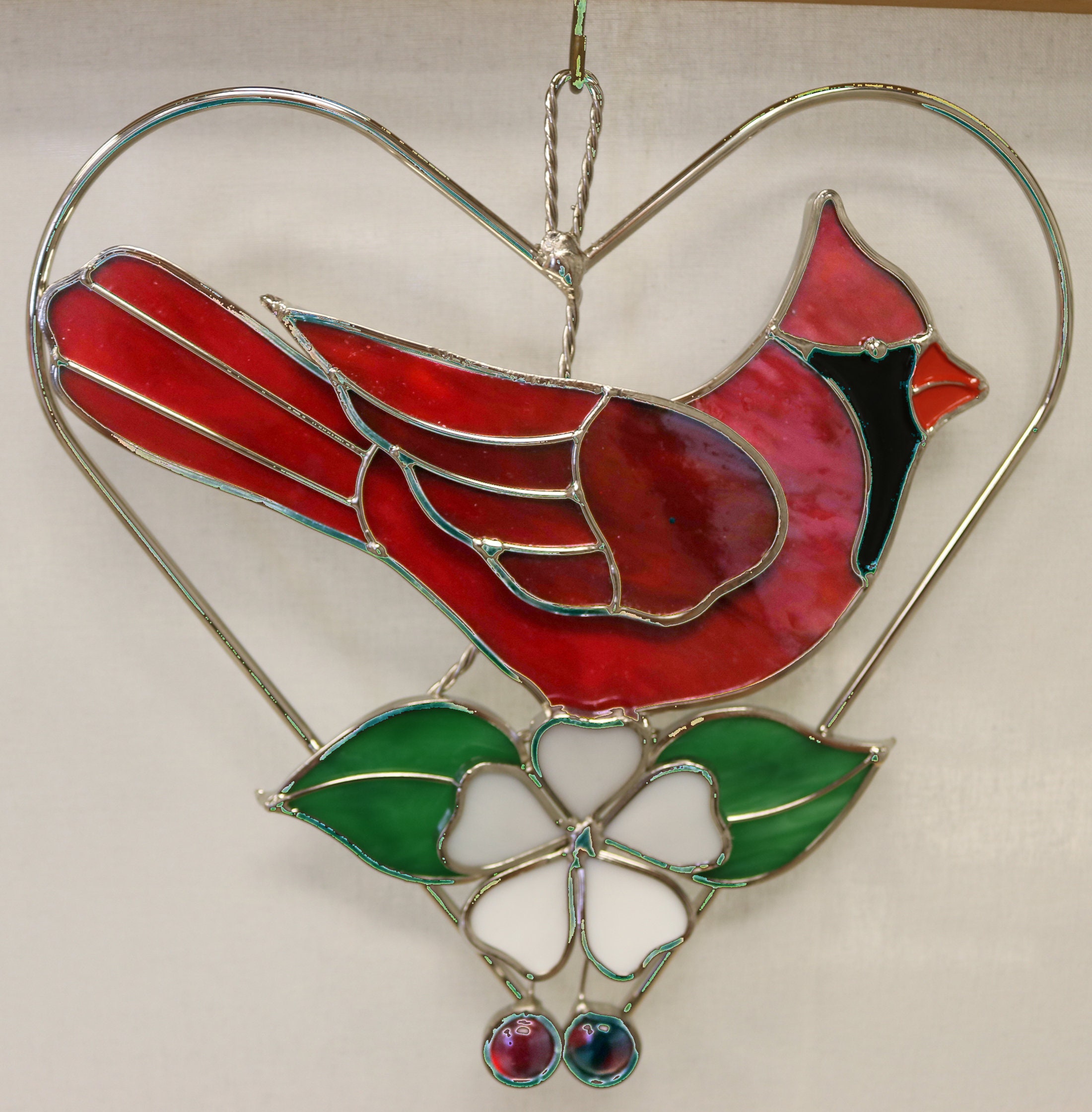 Stained Glass Cardinal and Flowers in Heart Suncatcher. Etsy