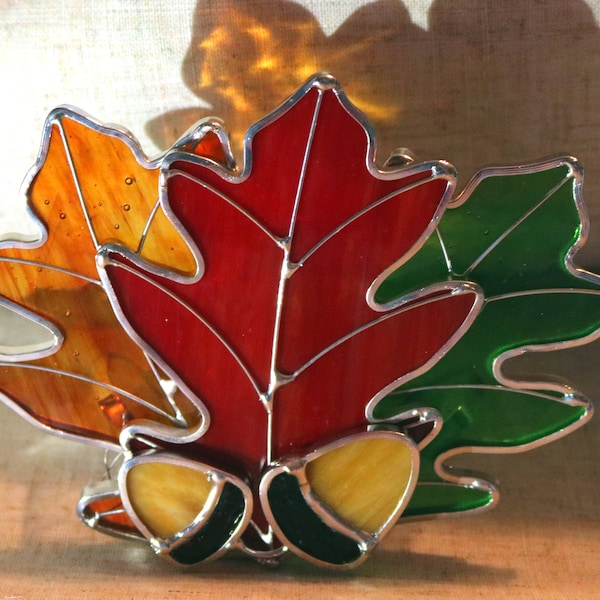 Stained Glass Votive. 3 Oak leaves with Acorn, and Candle. Great Gift Ready To Glow! Orange, Red, and Green Oak Leaves.