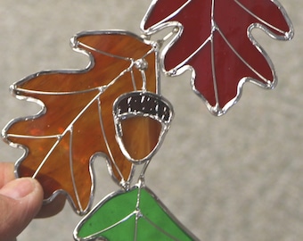 Stained Glass Maple or Oak Leaf with Acorn // Red, Amber, and Green Leaves // Wall & Window Decor