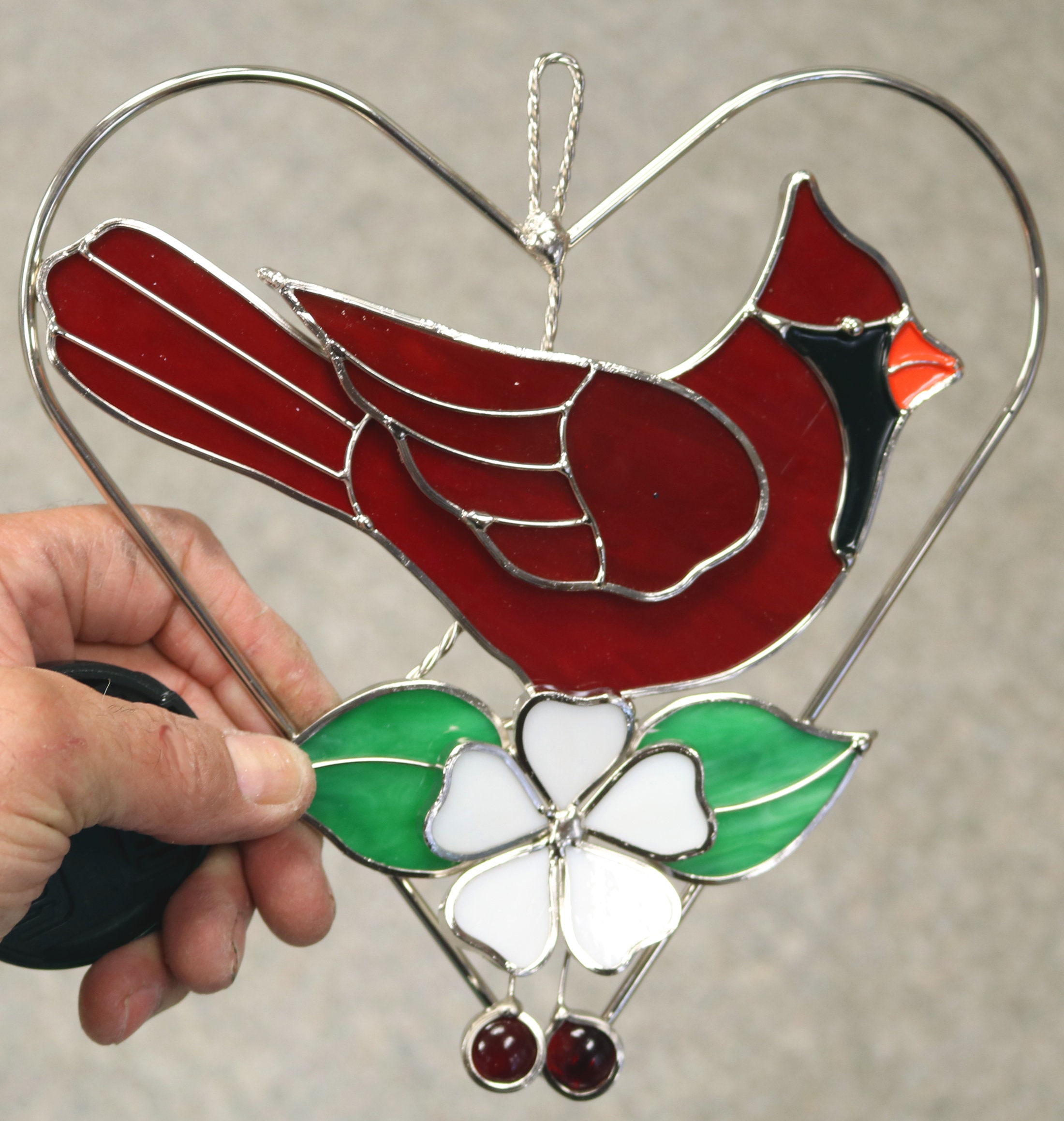 Cardinal Suncatcher with Dogwood Flowers in Heart . Stained Etsy