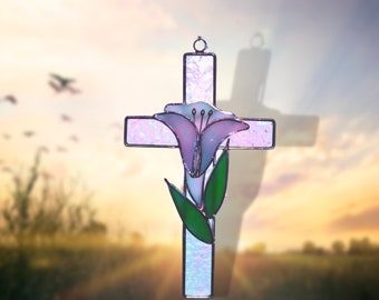 Stained Glass Purple or Clear Cross with White Lily