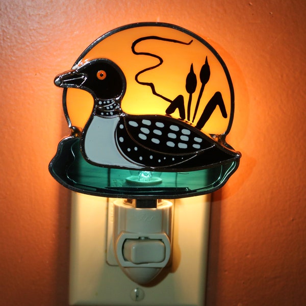 Loon Bird Stained Glass Night Light on Pond with Cattail Plant.