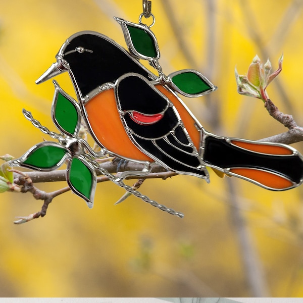 Stained Glass Baltimore Oriole Suncatcher On Branch with Leaves // Wildlife or Bird Lover Gift