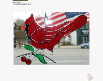 Stained Glass Cardinal with Cherries Suncatcher