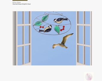 Chickadee & Berry Branch Stained Glass Oval - 11" x 7".