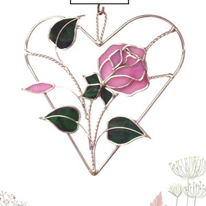 Stained Glass Rose Suncatcher in Pink, Metal Heart, Window Art, and Gift for any occasion