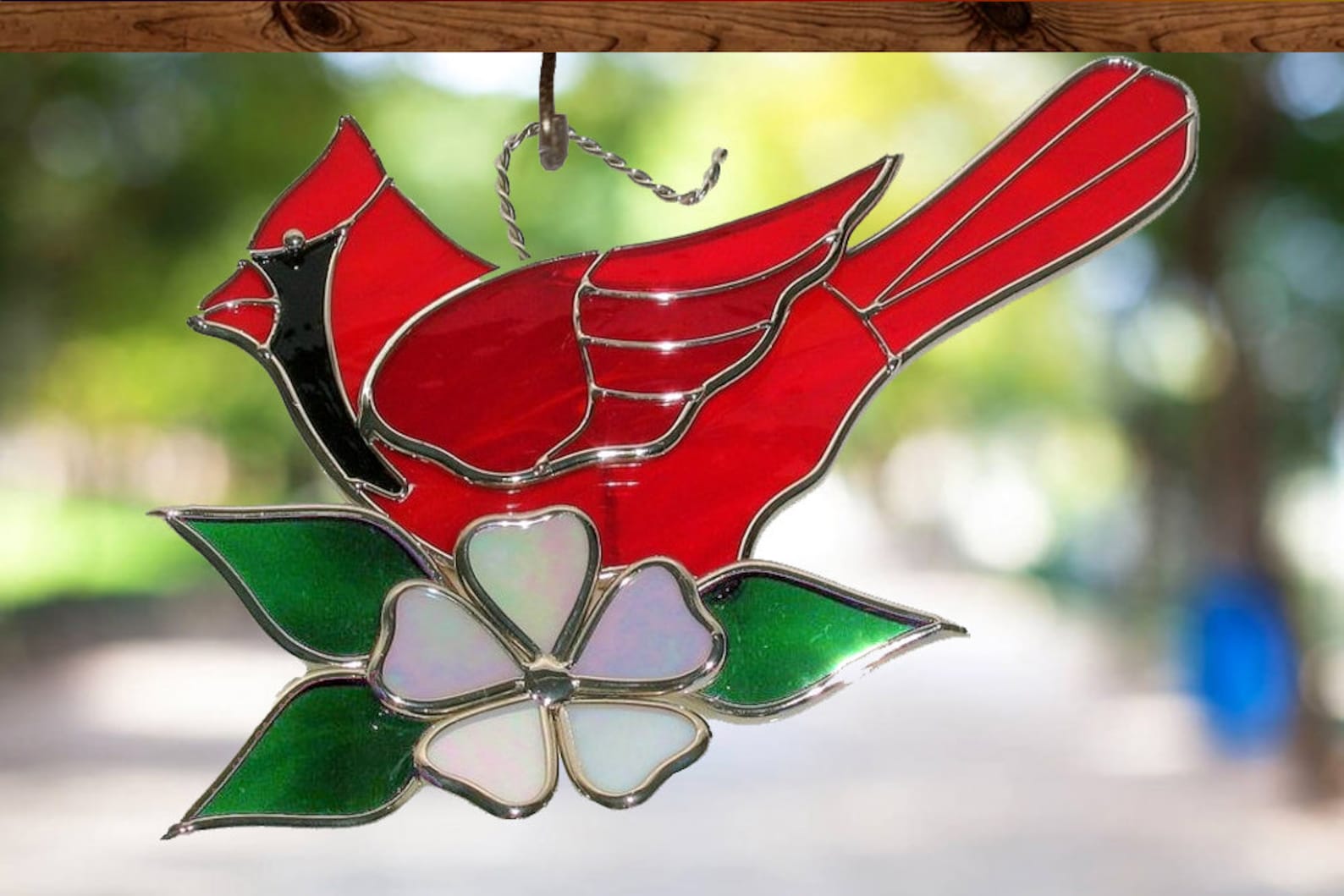 Stained Glass Cardinal Suncatcher With White Dogwood Flower. Etsy