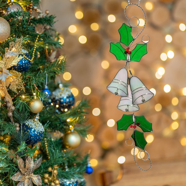 Stained glass Christmas White Bells Scroll with Holly. Suncatcher. Christmas Bells. Christmas Gift. Window Hanging.