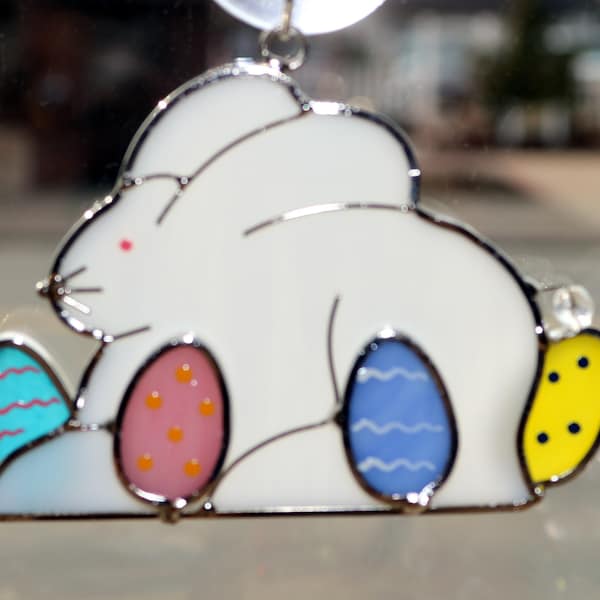 Easter Bunny Stained Glass Suncatcher with Easter Eggs. Easter Rabbit Holiday Decor.
