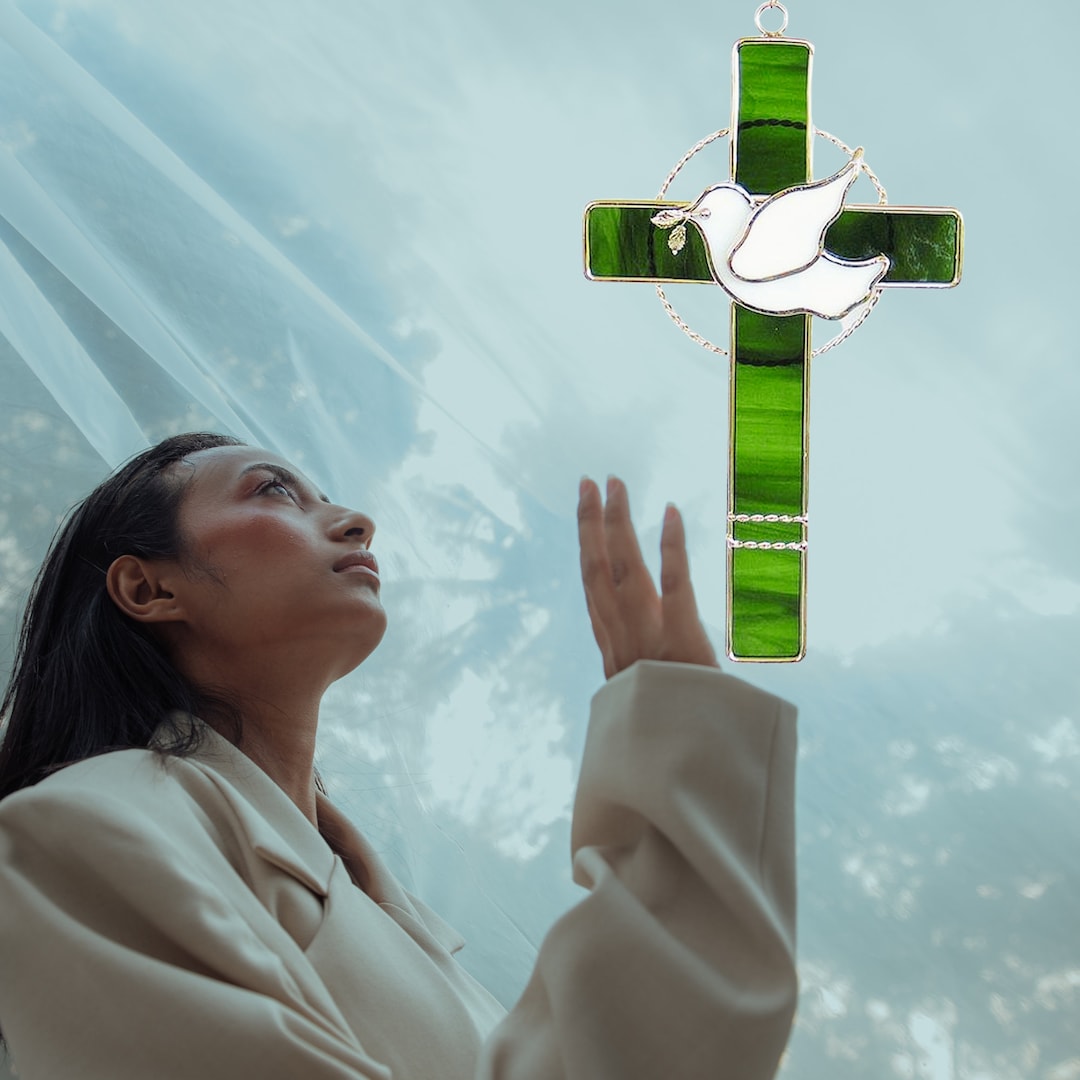 Stained Glass Green or Amber Cross Suncatcher With Dove. Memorial Gift ...