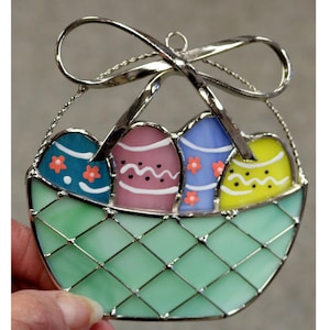 Easter Basket with Eggs, Stained Glass Suncatcher. Window or Wall Hanging Ornament.