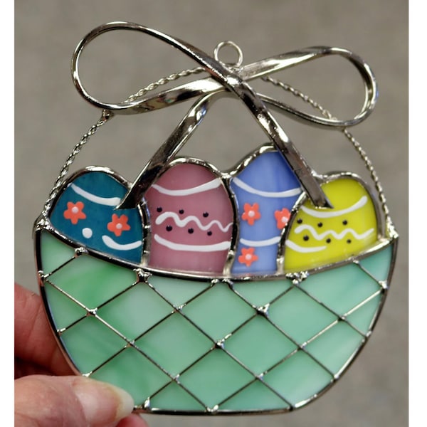 Easter Basket with Eggs, Stained Glass Suncatcher. Window or Wall Hanging Ornament.