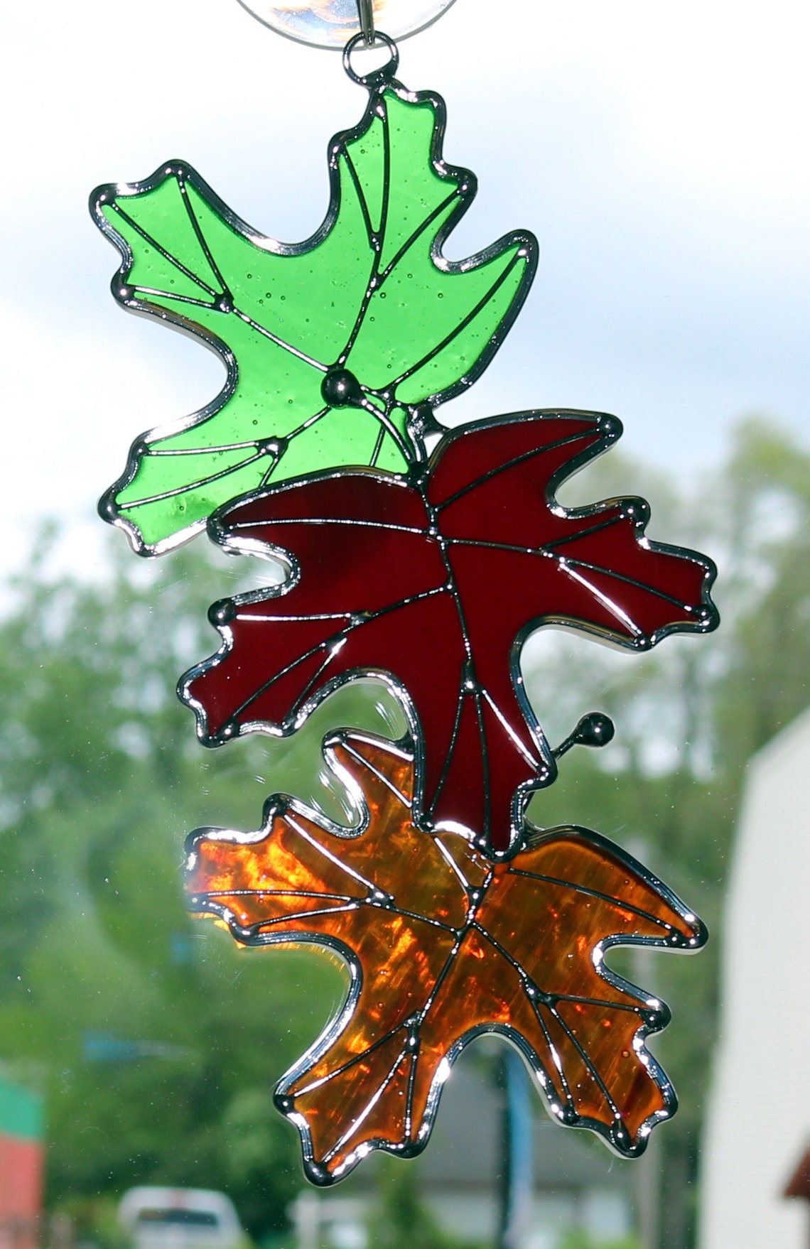 Stained Glass Maple or Oak Leaf with acorn in 3 colors. Red Etsy