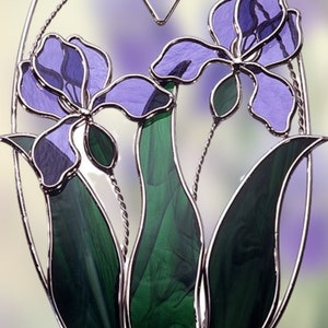 Stained Glass Dutch Iris Oval. Two Purple Iris with Green Leaves and Diamond Bevel Accent on Metal oval Ring.