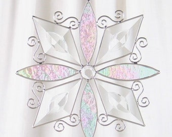 Snowflake Beveled suncatcher. Stained Glass with jewels.