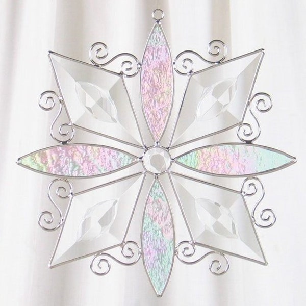 Snowflake Beveled suncatcher. Stained Glass with jewels.
