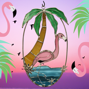 Stained Glass Flamingo and Palm Tree Oval Suncatcher