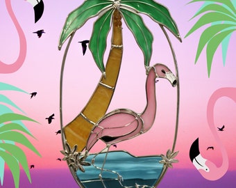 Stained Glass Flamingo and Palm Tree Oval Suncatcher