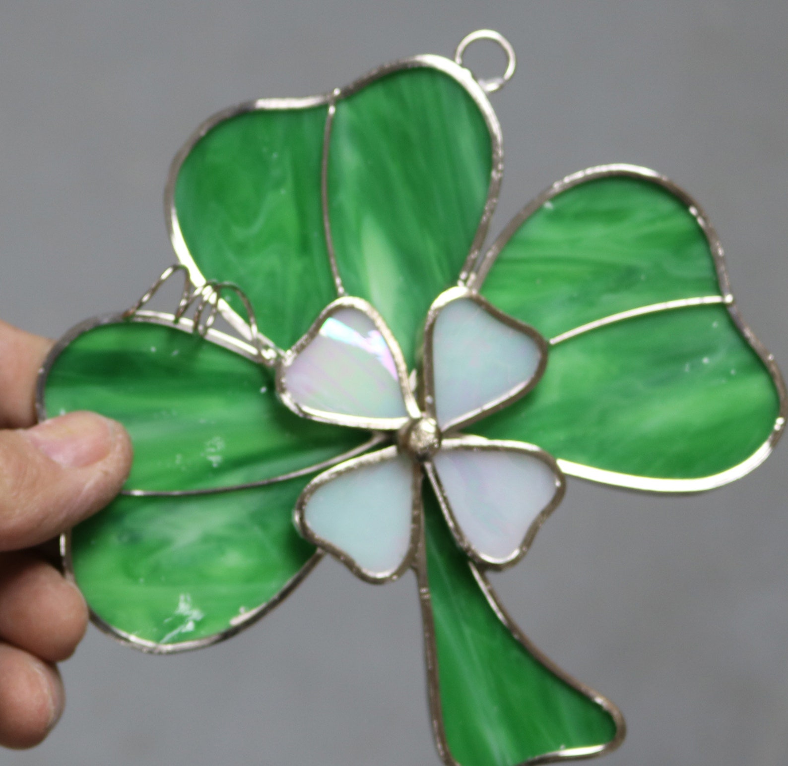 Stained Glass Shamrock With White Glass Flower. St. Patrick's Day Green ...