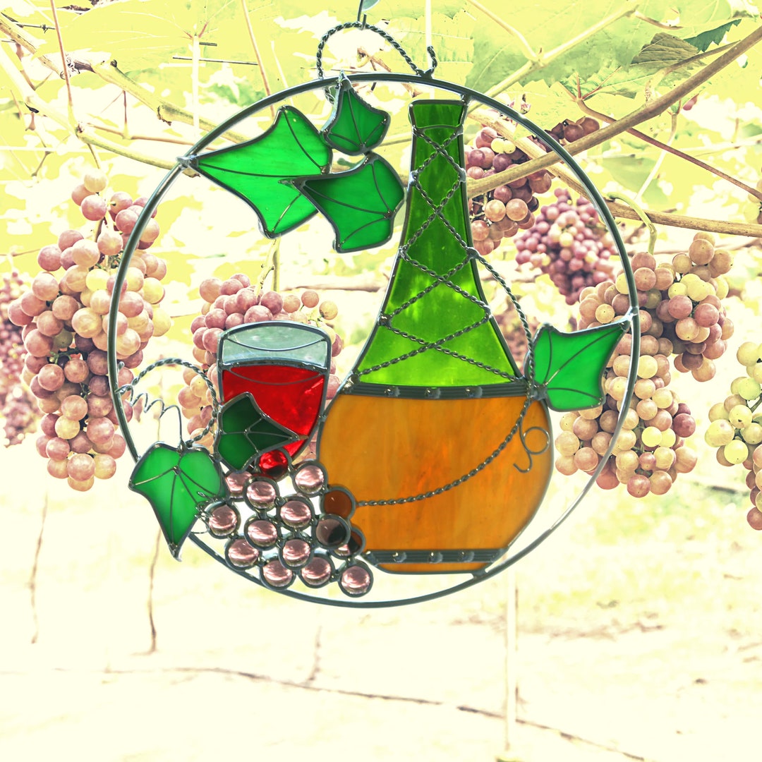 Stained Glass Wine Bottle, Wine Glass, and Purple Grapes on Ring, Made