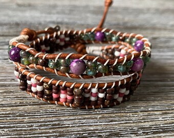 Flowering Trees Pink Beaded Leather Double Wrap Bracelet ~ Adjustable ~ Boho Floral Spring Earthy Hippie Gypsy Rustic