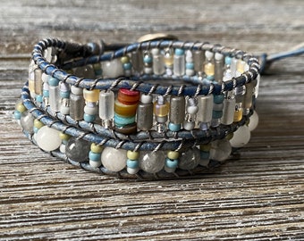 Rainy Day Blue Rainbow Beaded Leather Double Wrap Bracelet ~ Adjustable ~ Boho Spring Earthy Hippie Gypsy Rustic