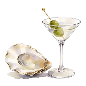 May include: Watercolor illustration of a martini glass with two green olives on a cocktail pick. An open oyster shell with gold trim is next to the glass. The image has a white background.